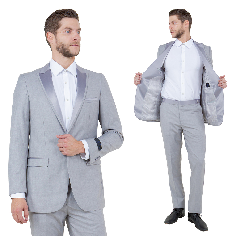 Slim Fit 2pc Tuxedo w/ Satin Peak Lapel by Bryan Michaels, Light Grey